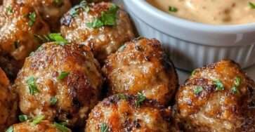 Assiette de boulettes de viande dorées et légèrement croustillantes, servies chaudes avec une sauce crémeuse à la moutarde et au miel dans un petit bol.