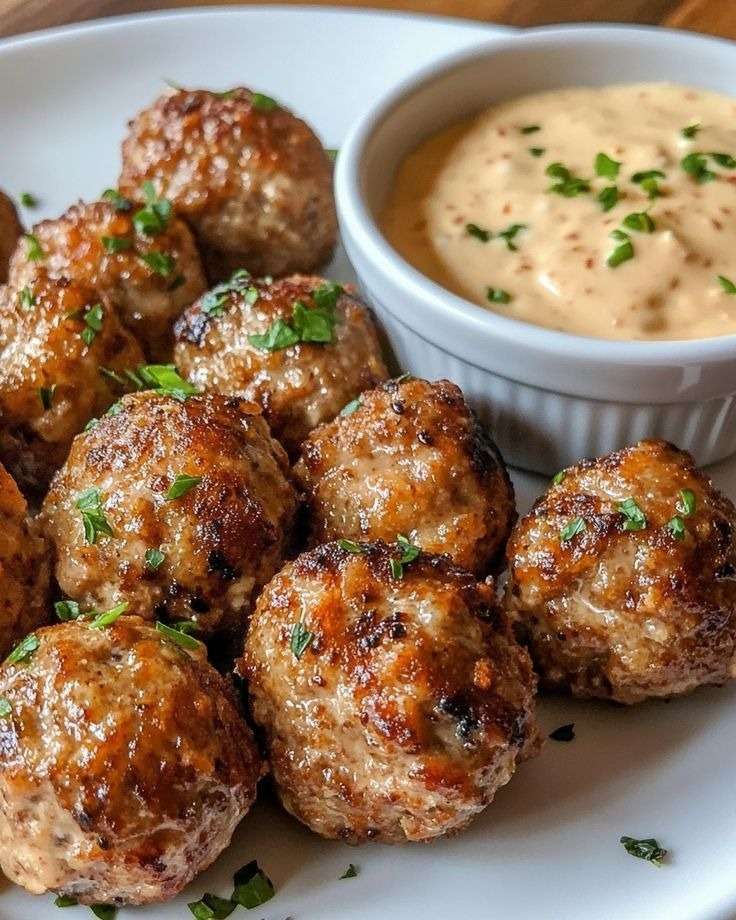 Assiette de boulettes de viande dorées et légèrement croustillantes, servies chaudes avec une sauce crémeuse à la moutarde et au miel dans un petit bol.