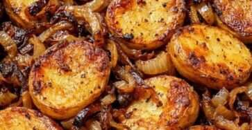 Pommes de terre rôties dorées au four avec des oignons caramélisés fondants, assaisonnées au paprika et au thym, servies dans un plat rustique.