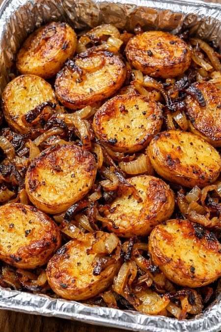 Pommes de terre rôties dorées au four avec des oignons caramélisés fondants, assaisonnées au paprika et au thym, servies dans un plat rustique.