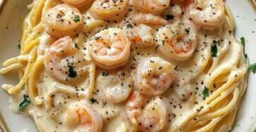 Assiette de pâtes crémeuses aux crevettes dorées et ail, nappées de sauce onctueuse au parmesan, garnies de persil frais et zestes de citron.