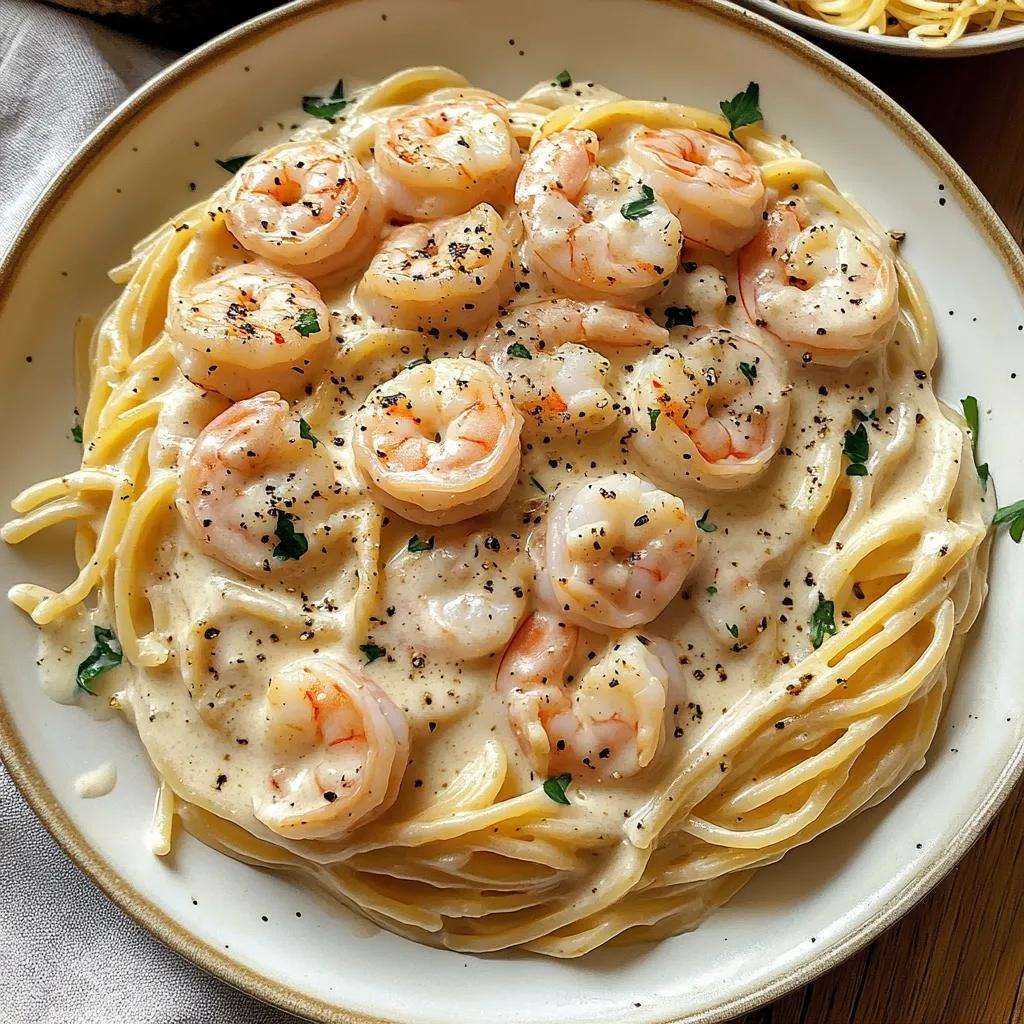 Assiette de pâtes crémeuses aux crevettes dorées et ail, nappées de sauce onctueuse au parmesan, garnies de persil frais et zestes de citron.