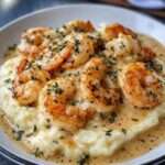 Assiette de purée de pommes de terre onctueuse garnie de crevettes crémeuses dorées nappées d’une sauce crémeuse à l’ail, décorée de persil frais.