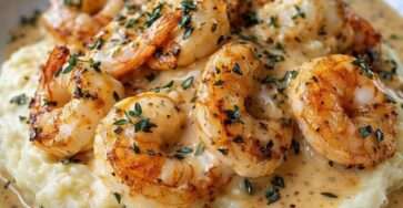 Assiette de purée de pommes de terre onctueuse garnie de crevettes crémeuses dorées nappées d’une sauce crémeuse à l’ail, décorée de persil frais.