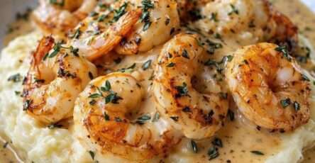 Assiette de purée de pommes de terre onctueuse garnie de crevettes crémeuses dorées nappées d’une sauce crémeuse à l’ail, décorée de persil frais.