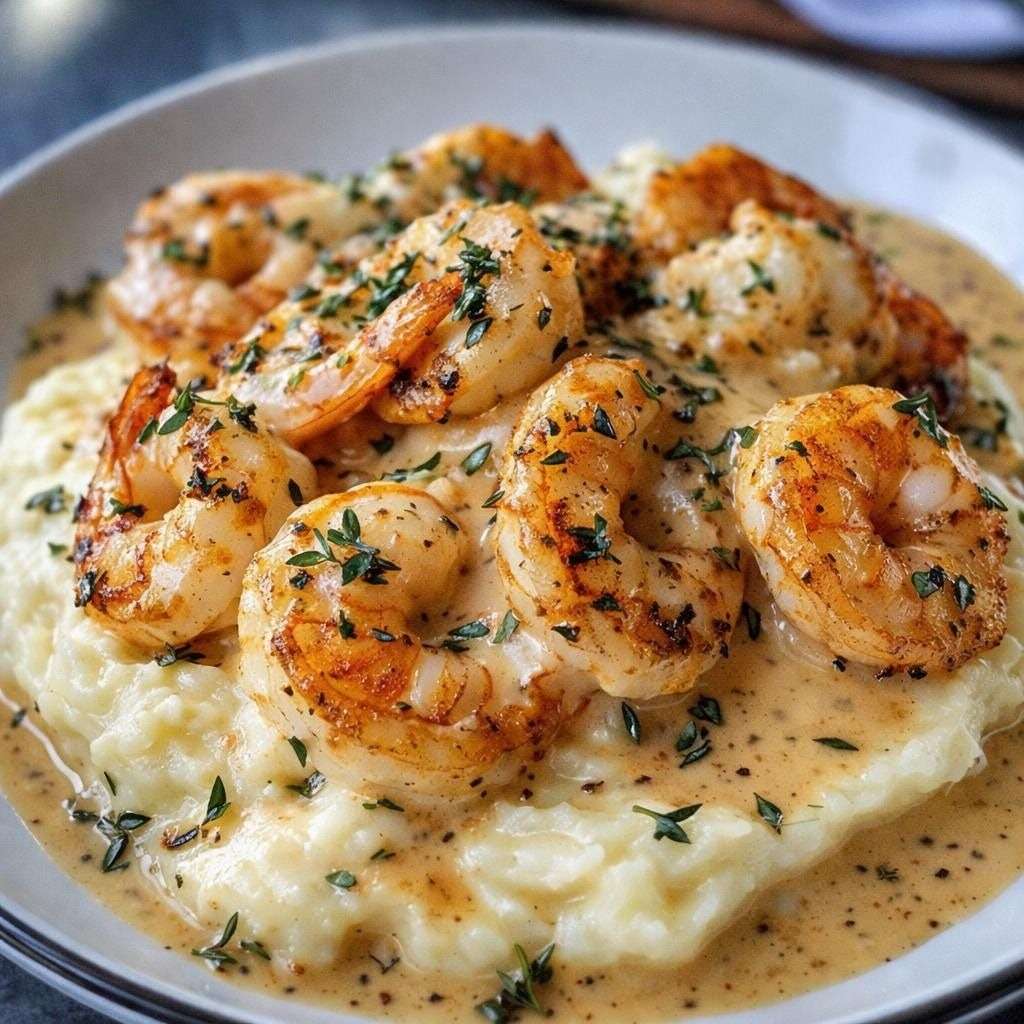 Assiette de purée de pommes de terre onctueuse garnie de crevettes crémeuses dorées nappées d’une sauce crémeuse à l’ail, décorée de persil frais.