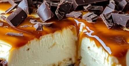 Cheesecake brownie au chocolat avec couche crémeuse et nappage caramel beurre salé coulant, décoré de morceaux de chocolat noir.
