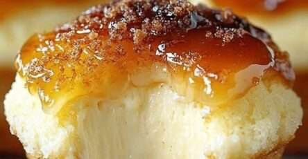 Muffins dorés avec cœur cheesecake fondant et nappage caramel beurre salé, légèrement croustillants sur le dessus avec sucre roux.