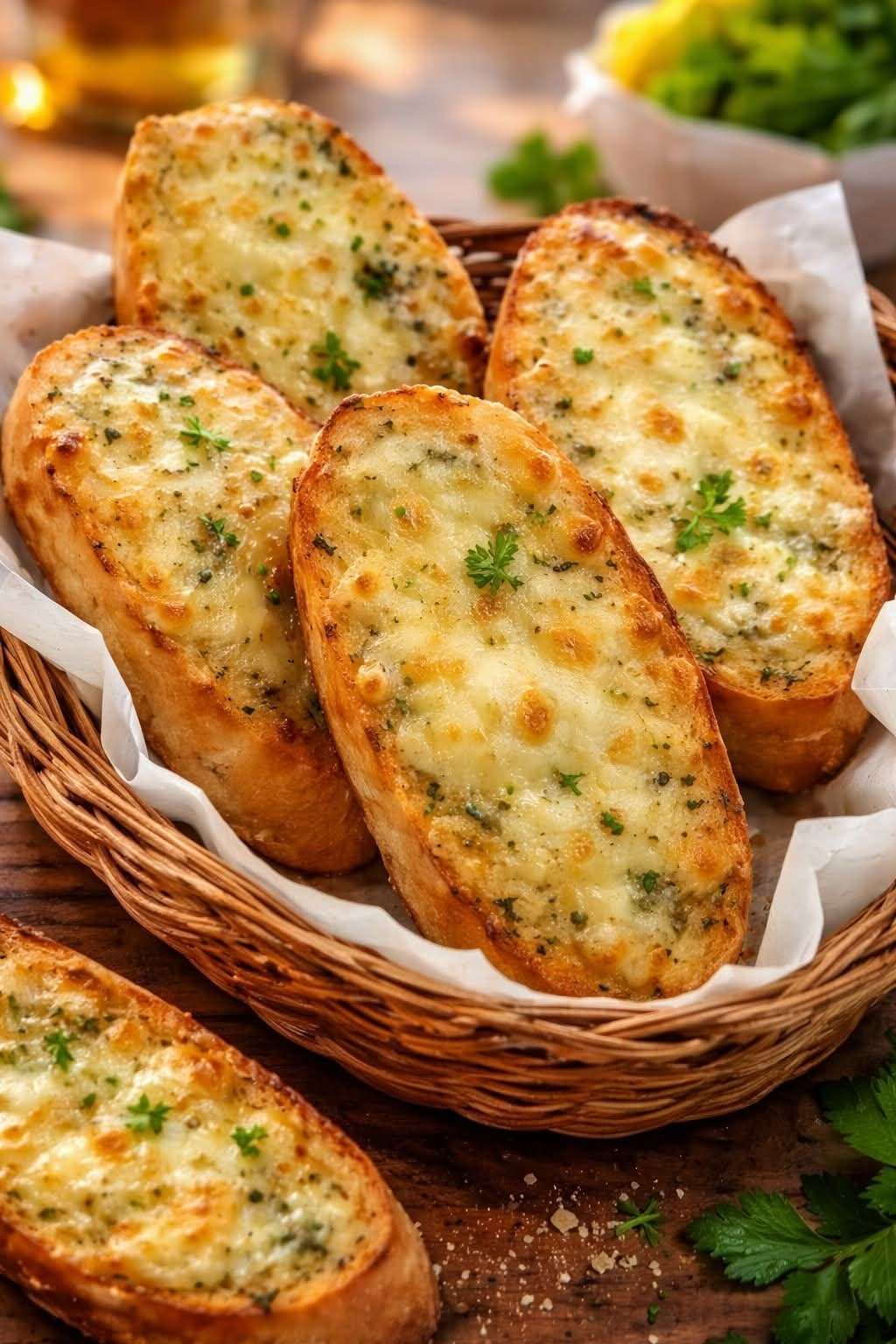 Pain à l’ail gratiné au fromage servi chaud sur une planche en bois, avec croûte dorée et croustillante, fromage fondu, persil frais et texture moelleuse à l’intérieur.
