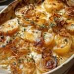 Gratin de pommes de terre crémeux aux oignons servi dans un plat doré au four, avec couches fondantes de pommes de terre, oignons parfumés et fromage gratiné sur le dessus.