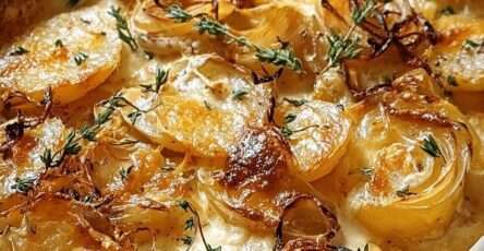 Gratin de pommes de terre crémeux aux oignons servi dans un plat doré au four, avec couches fondantes de pommes de terre, oignons parfumés et fromage gratiné sur le dessus.