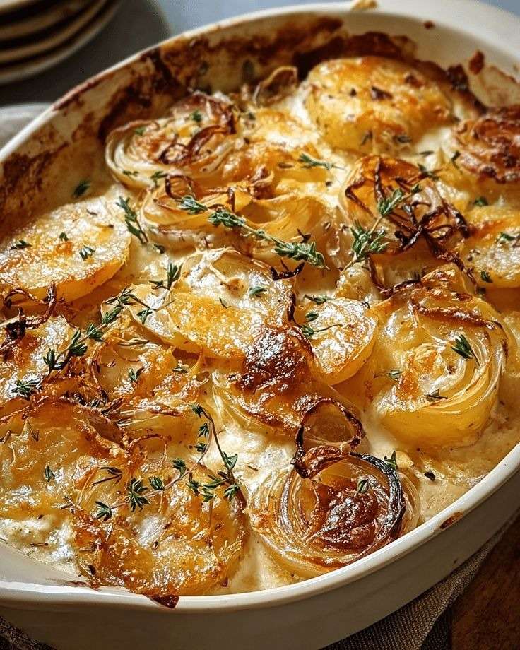 Gratin de pommes de terre crémeux aux oignons servi dans un plat doré au four, avec couches fondantes de pommes de terre, oignons parfumés et fromage gratiné sur le dessus.