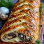 Roulé feuilleté aux champignons et fromage coupé en tranches, pâte dorée et croustillante, garniture fondante aux champignons crémeux et fromage filant, présenté sur une planche en bois.
