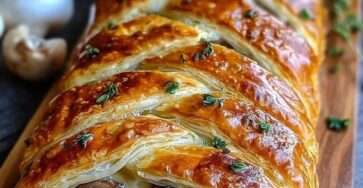 Roulé feuilleté aux champignons et fromage coupé en tranches, pâte dorée et croustillante, garniture fondante aux champignons crémeux et fromage filant, présenté sur une planche en bois.