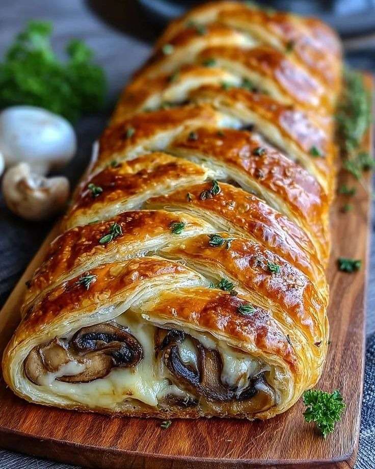 Roulé feuilleté aux champignons et fromage coupé en tranches, pâte dorée et croustillante, garniture fondante aux champignons crémeux et fromage filant, présenté sur une planche en bois.