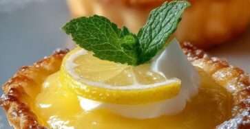 Tartelettes citron crémeuses avec pâte sablée dorée, garnies d’une crème citron lisse et brillante, décorées de chantilly et de zestes de citron frais.