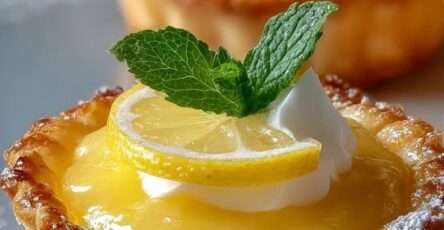 Tartelettes citron crémeuses avec pâte sablée dorée, garnies d’une crème citron lisse et brillante, décorées de chantilly et de zestes de citron frais.