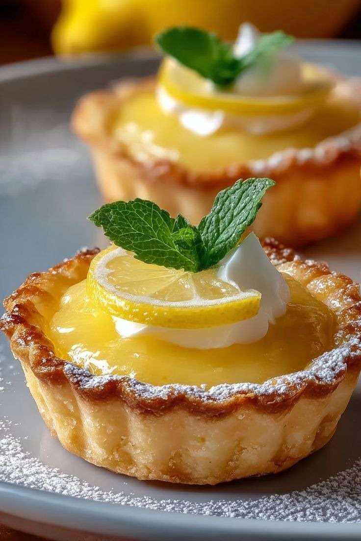 Tartelettes citron crémeuses avec pâte sablée dorée, garnies d’une crème citron lisse et brillante, décorées de chantilly et de zestes de citron frais.