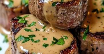 Médaillons de bœuf nappés de sauce crémeuse dans une assiette élégante, viande saisie et juteuse, garnie de persil frais avec une texture fondante.