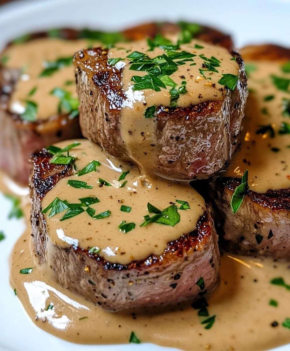 Médaillons de bœuf nappés de sauce crémeuse dans une assiette élégante, viande saisie et juteuse, garnie de persil frais avec une texture fondante.