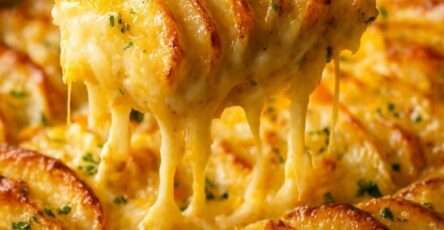 Gratin de pommes de terre au fromage ultra fondant servi chaud, avec couches crémeuses, fromage filant et croûte dorée croustillante.