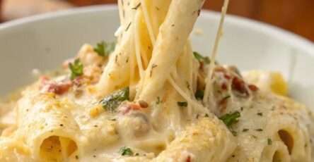 Pâtes crémeuses au poulet, ail et parmesan servies chaudes, avec sauce onctueuse, morceaux de poulet dorés et persil frais sur le dessus.