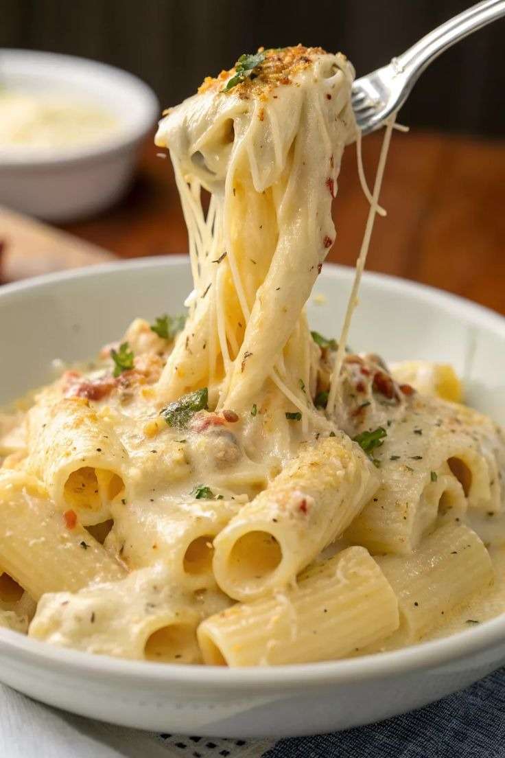 Pâtes crémeuses au poulet, ail et parmesan servies chaudes, avec sauce onctueuse, morceaux de poulet dorés et persil frais sur le dessus.