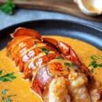 Queue de homard nappée de sauce crémeuse, chair tendre légèrement dorée, présentée sur une assiette élégante avec persil frais.