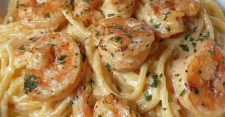 Spaghettis crémeux aux crevettes et à l’ail servis chauds, avec sauce onctueuse, crevettes rosées et persil frais en garniture.