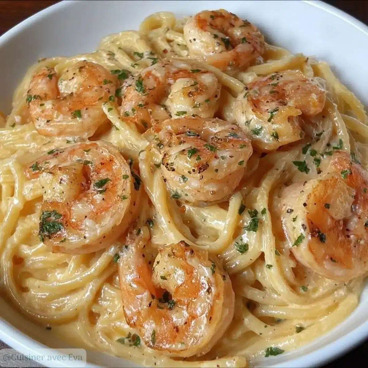 Spaghettis crémeux aux crevettes et à l’ail servis chauds, avec sauce onctueuse, crevettes rosées et persil frais en garniture.