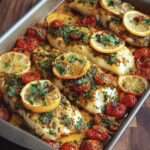 Filets de cabillaud cuits au four avec tomates cerises rôties, rondelles de citron et persil frais, présentés dans un plat doré et appétissant.