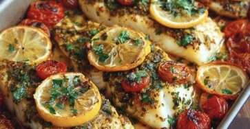 Filets de cabillaud cuits au four avec tomates cerises rôties, rondelles de citron et persil frais, présentés dans un plat doré et appétissant.