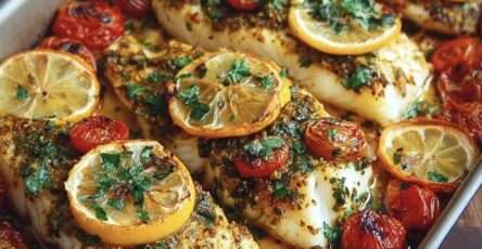 Filets de cabillaud cuits au four avec tomates cerises rôties, rondelles de citron et persil frais, présentés dans un plat doré et appétissant.