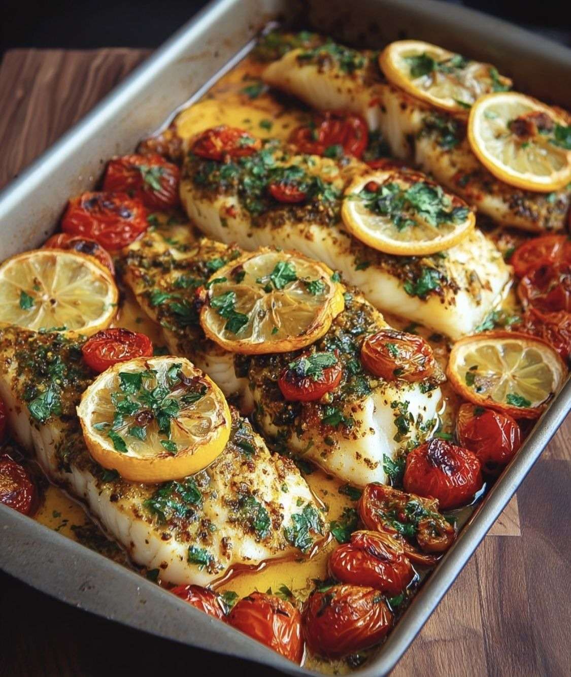 Filets de cabillaud cuits au four avec tomates cerises rôties, rondelles de citron et persil frais, présentés dans un plat doré et appétissant.