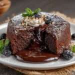 Fondant au chocolat individuel au cœur coulant, servi tiède dans une assiette élégante, avec une texture moelleuse à l’extérieur et un centre chocolaté fondant.