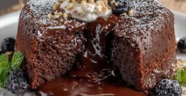 Fondant au chocolat individuel au cœur coulant, servi tiède dans une assiette élégante, avec une texture moelleuse à l’extérieur et un centre chocolaté fondant.