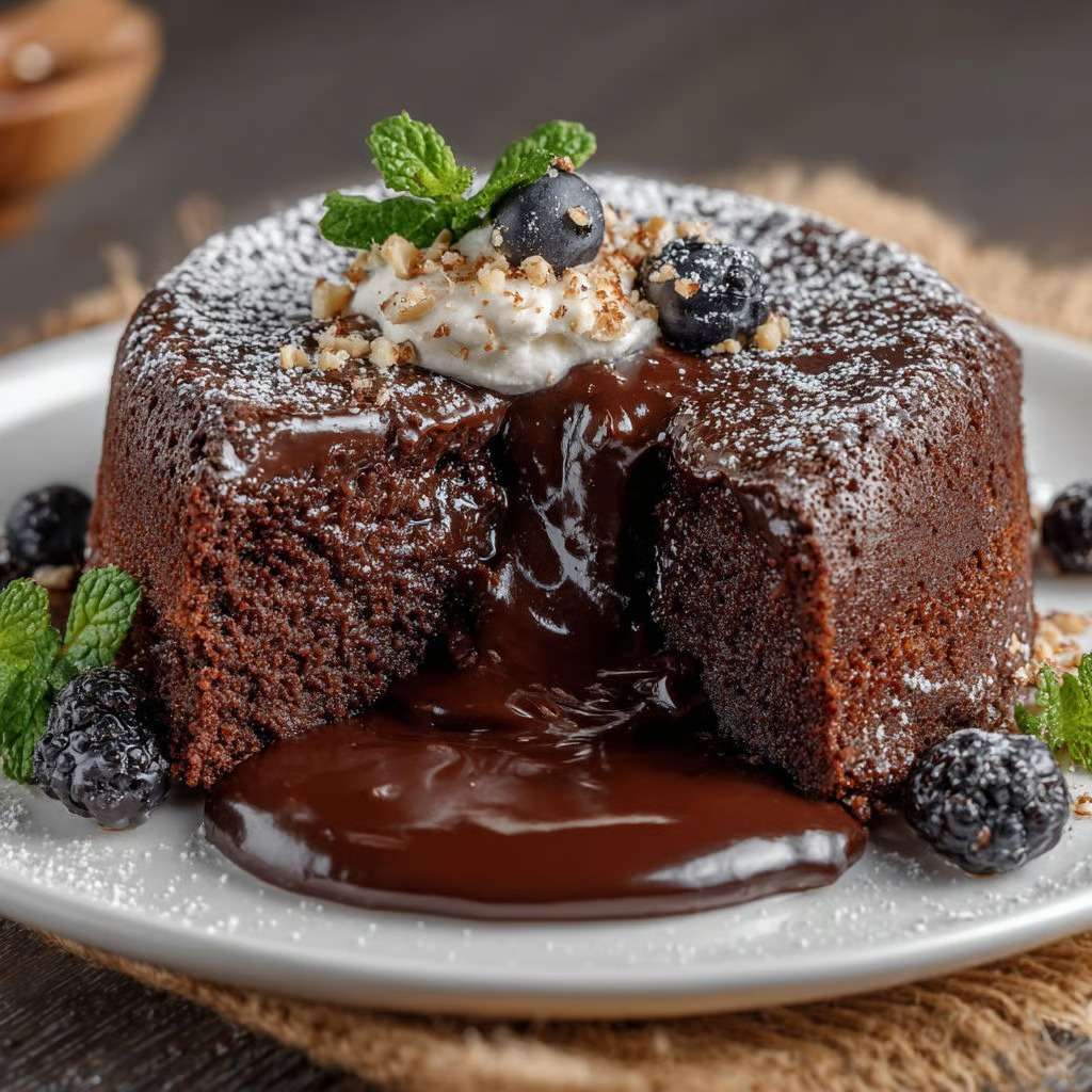 Fondant au chocolat individuel au cœur coulant, servi tiède dans une assiette élégante, avec une texture moelleuse à l’extérieur et un centre chocolaté fondant.