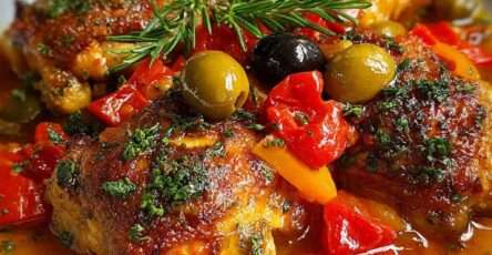 Plat de poulet fondant à la catalane avec cuisses dorées, poivrons colorés, olives et sauce tomate parfumée, servi chaud dans une cocotte rustique.