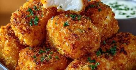 Bouchées de poulet panées dorées et croustillantes servies avec une sauce yaourt crémeuse aux herbes, présentées dans une assiette moderne.