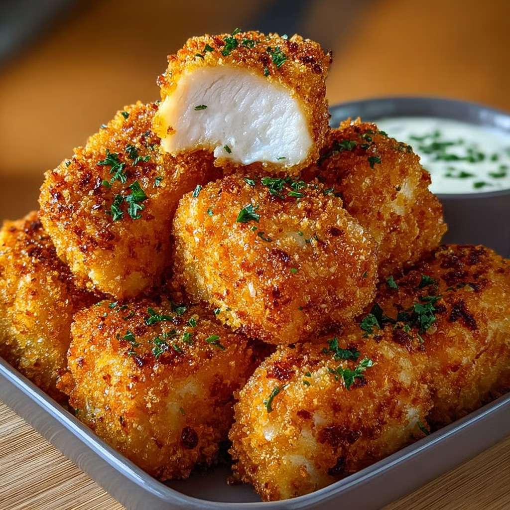 Bouchées de poulet panées dorées et croustillantes servies avec une sauce yaourt crémeuse aux herbes, présentées dans une assiette moderne.