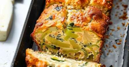 Tranches de cake salé aux poireaux et fromage de chèvre, texture moelleuse avec morceaux fondants, servies sur une planche avec herbes fraîches.