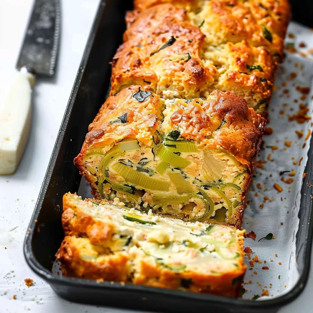 Tranches de cake salé aux poireaux et fromage de chèvre, texture moelleuse avec morceaux fondants, servies sur une planche avec herbes fraîches.