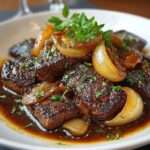 Sauté de bœuf aux oignons caramélisés nappé d’une sauce brillante, servi chaud avec du persil frais dans une poêle rustique.
