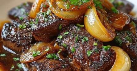 Sauté de bœuf aux oignons caramélisés nappé d’une sauce brillante, servi chaud avec du persil frais dans une poêle rustique.