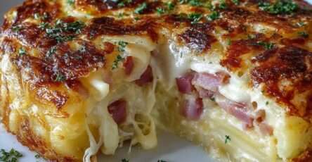 Gâteau de pommes de terre farci au fromage fondant et jambon, avec une croûte dorée et croustillante, servi chaud dans un plat au four.