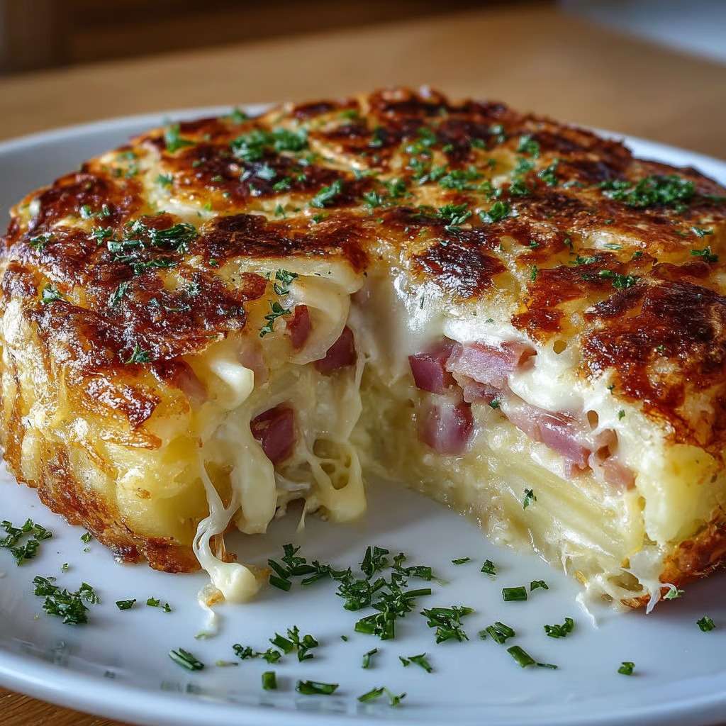 Gâteau de pommes de terre farci au fromage fondant et jambon, avec une croûte dorée et croustillante, servi chaud dans un plat au four.