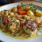 Cassolette de poissons avec morceaux de cabillaud, crevettes, légumes fondants et sauce crémeuse, servie chaude dans un plat individuel élégant.