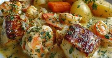 Cassolette de poissons avec morceaux de cabillaud, crevettes, légumes fondants et sauce crémeuse, servie chaude dans un plat individuel élégant.