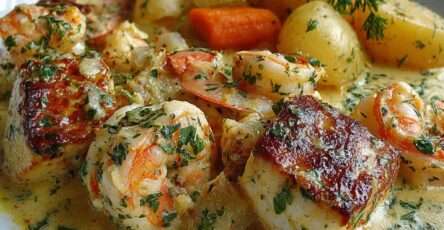 Cassolette de poissons avec morceaux de cabillaud, crevettes, légumes fondants et sauce crémeuse, servie chaude dans un plat individuel élégant.