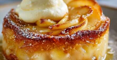 Gâteau fondant aux pommes et mascarpone avec morceaux de pommes caramélisées et texture moelleuse, servi tiède sur une assiette élégante.